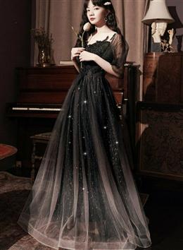 Picture of Pretty Lace Applique Top Gradient Tulle Long Party Dresses, Black Color Long Formal Dresses Prom Dress